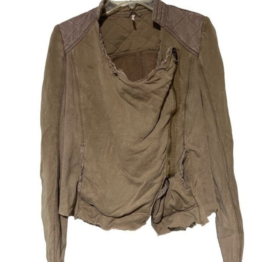 Free People Womens Distressed Brown Indie Jacket With Zipper Closure m
